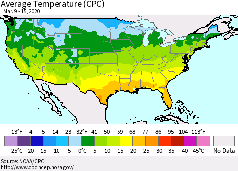 United States Average Temperature (CPC) Thematic Map For 3/9/2020 - 3/15/2020