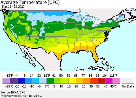 United States Average Temperature (CPC) Thematic Map For 3/16/2020 - 3/22/2020