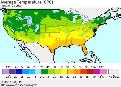 United States Average Temperature (CPC) Thematic Map For 3/23/2020 - 3/29/2020