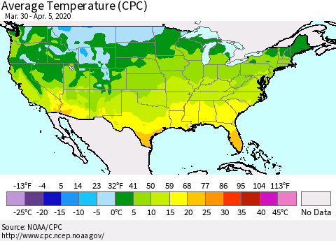 United States Average Temperature (CPC) Thematic Map For 3/30/2020 - 4/5/2020