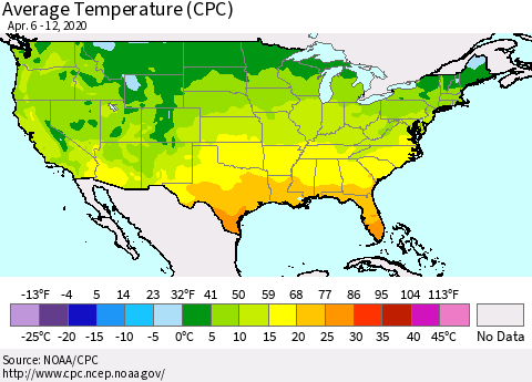 United States Average Temperature (CPC) Thematic Map For 4/6/2020 - 4/12/2020