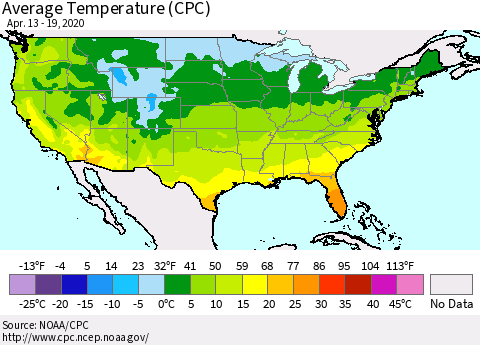 United States Average Temperature (CPC) Thematic Map For 4/13/2020 - 4/19/2020