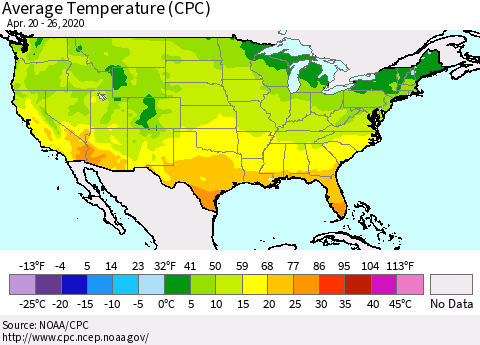 United States Average Temperature (CPC) Thematic Map For 4/20/2020 - 4/26/2020