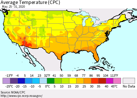 United States Average Temperature (CPC) Thematic Map For 5/25/2020 - 5/31/2020