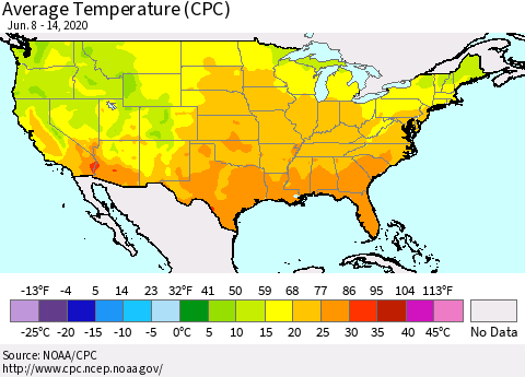 United States Average Temperature (CPC) Thematic Map For 6/8/2020 - 6/14/2020