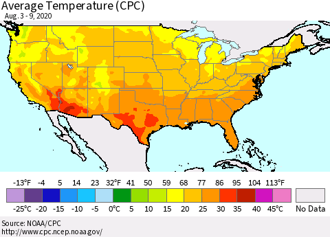 United States Average Temperature (CPC) Thematic Map For 8/3/2020 - 8/9/2020