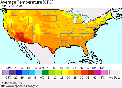 United States Average Temperature (CPC) Thematic Map For 8/17/2020 - 8/23/2020