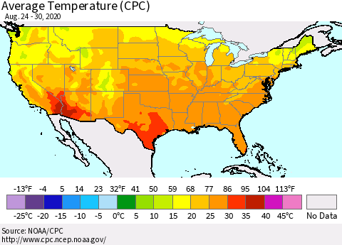 United States Average Temperature (CPC) Thematic Map For 8/24/2020 - 8/30/2020