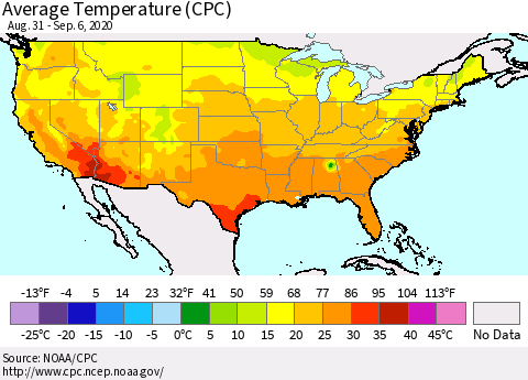 United States Average Temperature (CPC) Thematic Map For 8/31/2020 - 9/6/2020
