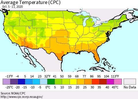 United States Average Temperature (CPC) Thematic Map For 10/5/2020 - 10/11/2020