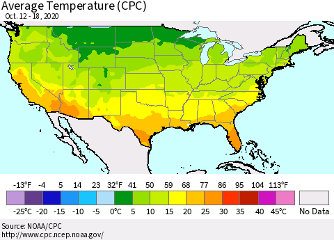 United States Average Temperature (CPC) Thematic Map For 10/12/2020 - 10/18/2020