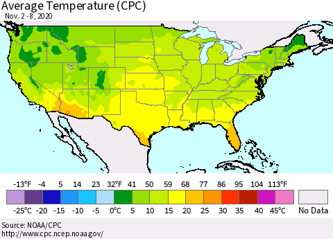 United States Average Temperature (CPC) Thematic Map For 11/2/2020 - 11/8/2020