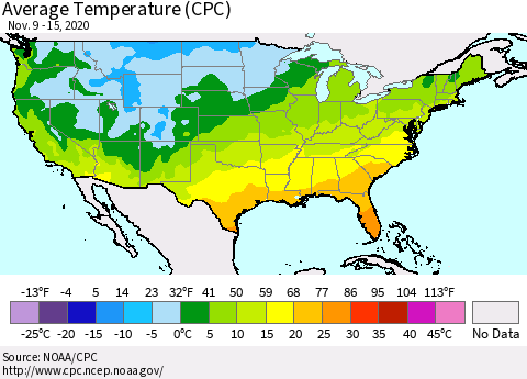 United States Average Temperature (CPC) Thematic Map For 11/9/2020 - 11/15/2020