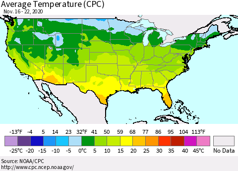 United States Average Temperature (CPC) Thematic Map For 11/16/2020 - 11/22/2020