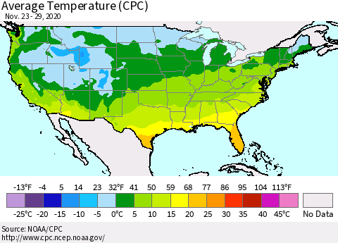 United States Average Temperature (CPC) Thematic Map For 11/23/2020 - 11/29/2020