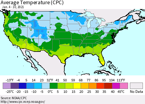 United States Average Temperature (CPC) Thematic Map For 1/4/2021 - 1/10/2021