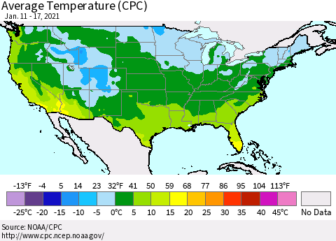 United States Average Temperature (CPC) Thematic Map For 1/11/2021 - 1/17/2021