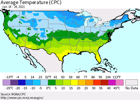 United States Average Temperature (CPC) Thematic Map For 1/18/2021 - 1/24/2021