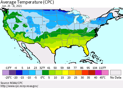 United States Average Temperature (CPC) Thematic Map For 1/25/2021 - 1/31/2021