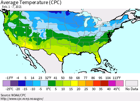 United States Average Temperature (CPC) Thematic Map For 2/1/2021 - 2/7/2021