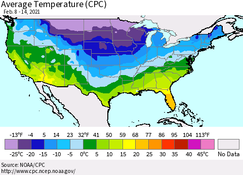 United States Average Temperature (CPC) Thematic Map For 2/8/2021 - 2/14/2021