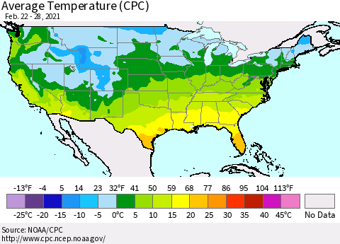 United States Average Temperature (CPC) Thematic Map For 2/22/2021 - 2/28/2021