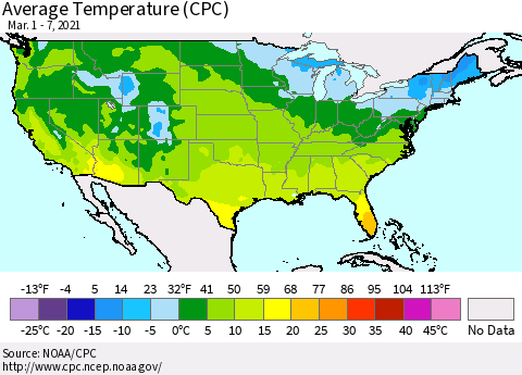 United States Average Temperature (CPC) Thematic Map For 3/1/2021 - 3/7/2021