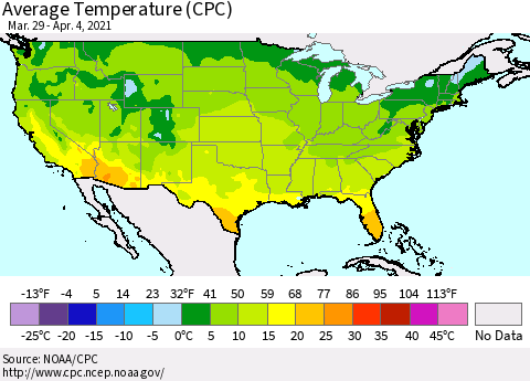 United States Average Temperature (CPC) Thematic Map For 3/29/2021 - 4/4/2021