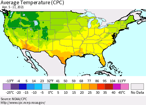 United States Average Temperature (CPC) Thematic Map For 4/5/2021 - 4/11/2021