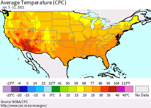 United States Average Temperature (CPC) Thematic Map For 7/5/2021 - 7/11/2021