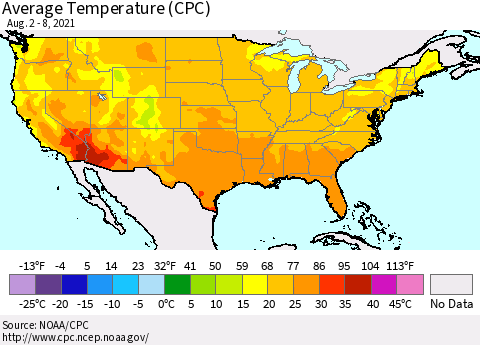 United States Average Temperature (CPC) Thematic Map For 8/2/2021 - 8/8/2021