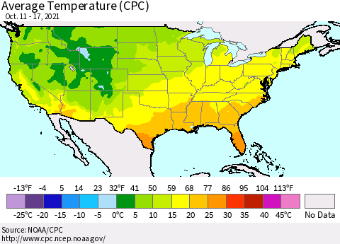 United States Average Temperature (CPC) Thematic Map For 10/11/2021 - 10/17/2021