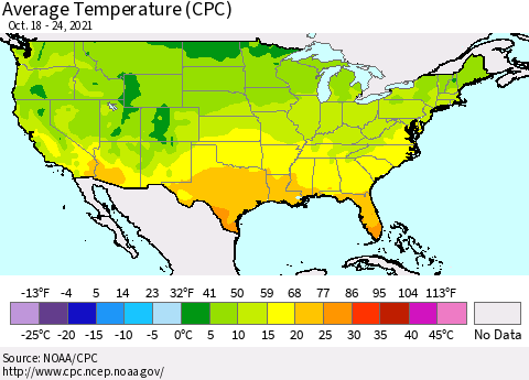 United States Average Temperature (CPC) Thematic Map For 10/18/2021 - 10/24/2021
