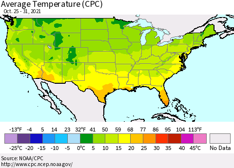 United States Average Temperature (CPC) Thematic Map For 10/25/2021 - 10/31/2021