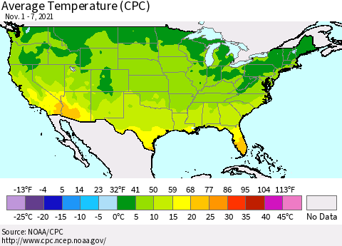 United States Average Temperature (CPC) Thematic Map For 11/1/2021 - 11/7/2021
