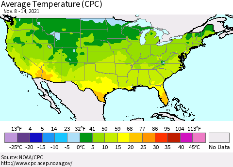 United States Average Temperature (CPC) Thematic Map For 11/8/2021 - 11/14/2021