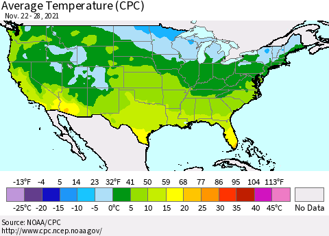 United States Average Temperature (CPC) Thematic Map For 11/22/2021 - 11/28/2021