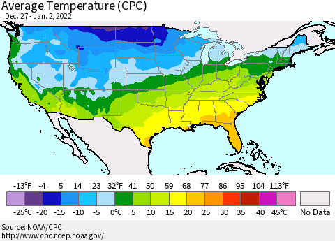 United States Average Temperature (CPC) Thematic Map For 12/27/2021 - 1/2/2022