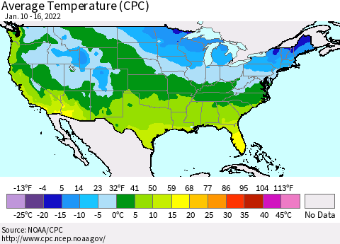 United States Average Temperature (CPC) Thematic Map For 1/10/2022 - 1/16/2022