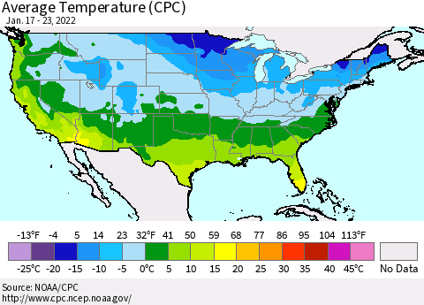 United States Average Temperature (CPC) Thematic Map For 1/17/2022 - 1/23/2022