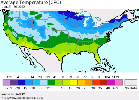 United States Average Temperature (CPC) Thematic Map For 1/24/2022 - 1/30/2022