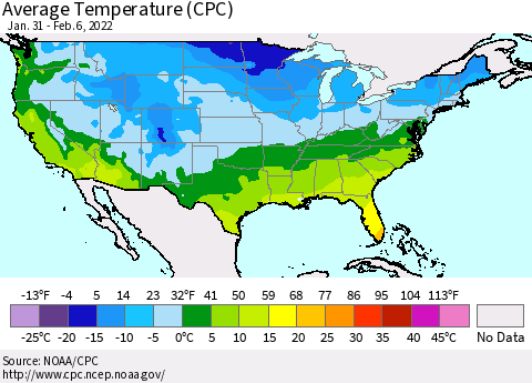 United States Average Temperature (CPC) Thematic Map For 1/31/2022 - 2/6/2022