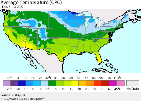 United States Average Temperature (CPC) Thematic Map For 2/7/2022 - 2/13/2022