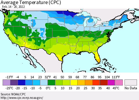 United States Average Temperature (CPC) Thematic Map For 2/14/2022 - 2/20/2022