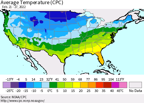 United States Average Temperature (CPC) Thematic Map For 2/21/2022 - 2/27/2022