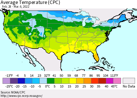 United States Average Temperature (CPC) Thematic Map For 2/28/2022 - 3/6/2022