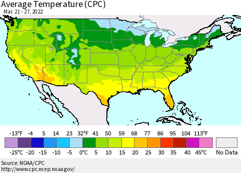 United States Average Temperature (CPC) Thematic Map For 3/21/2022 - 3/27/2022