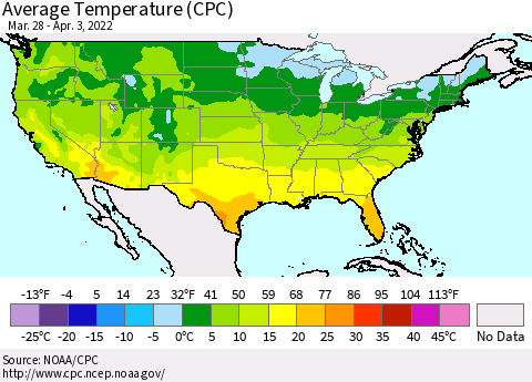 United States Average Temperature (CPC) Thematic Map For 3/28/2022 - 4/3/2022