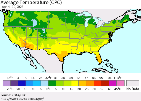 United States Average Temperature (CPC) Thematic Map For 4/4/2022 - 4/10/2022