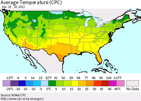 United States Average Temperature (CPC) Thematic Map For 4/18/2022 - 4/24/2022